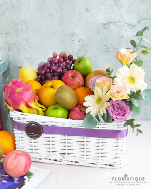 Colourful Freshness FHP: Fruit Basket Containing Dragon Fruits, Purple Grape, Nam Shui Pear, Kiwi, Fuji Apple, Green Apple, Orange, Mango, and Gerbera