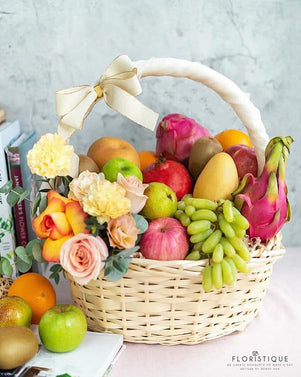 Betty FHP: Fruit Basket Containing Mango, Dragon Fruits, Fuji Apple, Forelle Pear, Green Grape, Nam Shui Pear, Orange, Green Apple, Kiwi, and Promogranate