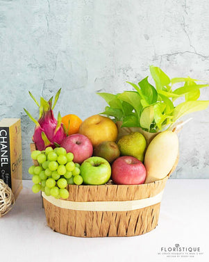 Casey FHP: Fruit Basket With Dragon Fruits, Green Apple, Green Grape, Mango, Forelle Pear, Nam Shui Pear, Kiwi, Fuji Apple, And Orange
