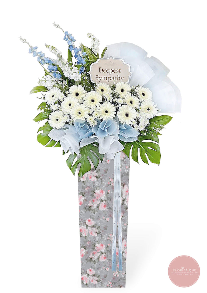 Condolence (VIII): Gerbera, Mum. Matthiola, Artificial Delphinium Flower Stand
