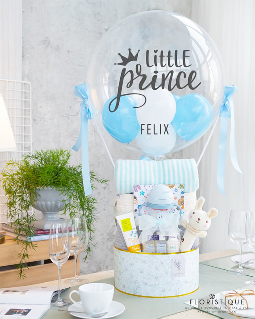 Hello Prince FNB: Balloon Basket Containing Fleece Blanket, BabyK™ Sippy Cup, Kayen & Kayes™ Squeaker toy – Rabbit, Baby K Diaper Caddy Organizer Basket, BabyK™ Keepsake Mini book, Buds-Infant Cream 75ml, and Gaia Mini Traveller Set