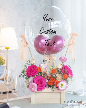 Joyful Caress FNB: Balloon Flower Basket With Roses, Carnation, Eustoma, Hypericum, And Eucalyptus