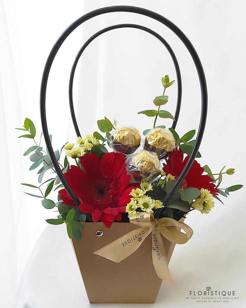 Kimberly Flower Basket - Gerberas And Ferrero Rochers Arranged By Florist In Singapore, Floristique