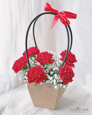 Pearlyn Flower Basket - Carnations And Baby's Breath Arranged By Florist In Singapore, Floristique
