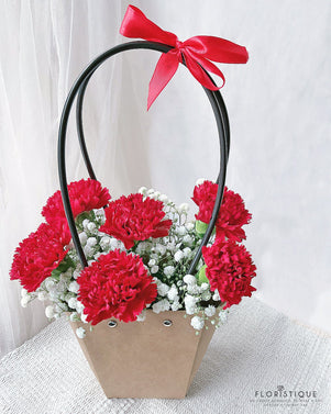 Pearlyn Flower Basket - Carnations And Baby's Breath Arranged By Florist In Singapore, Floristique