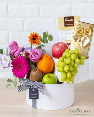 Sweet & Fresh Treats FHP: Fruit Basket Containing Orange, Fuji Apple, Green Grape, Kiwi, Green Apple, Hamlet Assortimemt belgian Chocolate, And Cupido Dessert Cup Latte Macchiato