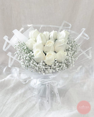 Tiana:  12 White Roses, Baby's Breath Bouquet