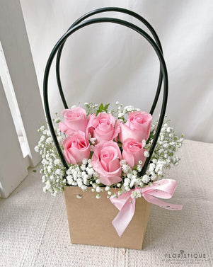 Aria Flower Basket - Roses And Baby's Breath Arranged For Flower Delivery In Singapore