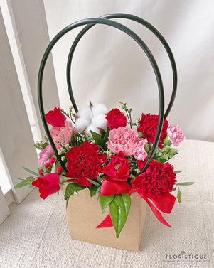 Avery Flower Basket - Cotton Flower, Carnations, Roses, And Carnation Spray Arranged By Florist In Singapore, Floristique