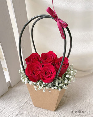 Lory Flower Basket - Roses And Baby's Breath Arranged By Florist In Singapore, Floristique
