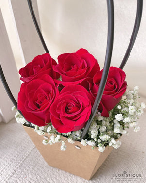 Lory Flower Basket - Roses And Baby's Breath Arranged By Florist In Singapore, Floristique