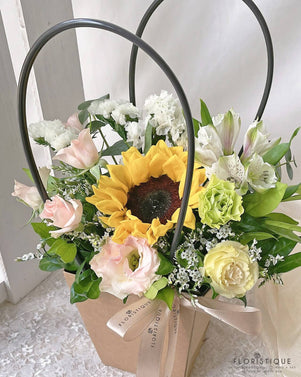 Cuscaden Flower Basket - Sunflower, Eustomas, Matthiola, And Orchid Arranged By Florist In Singapore, Floristique