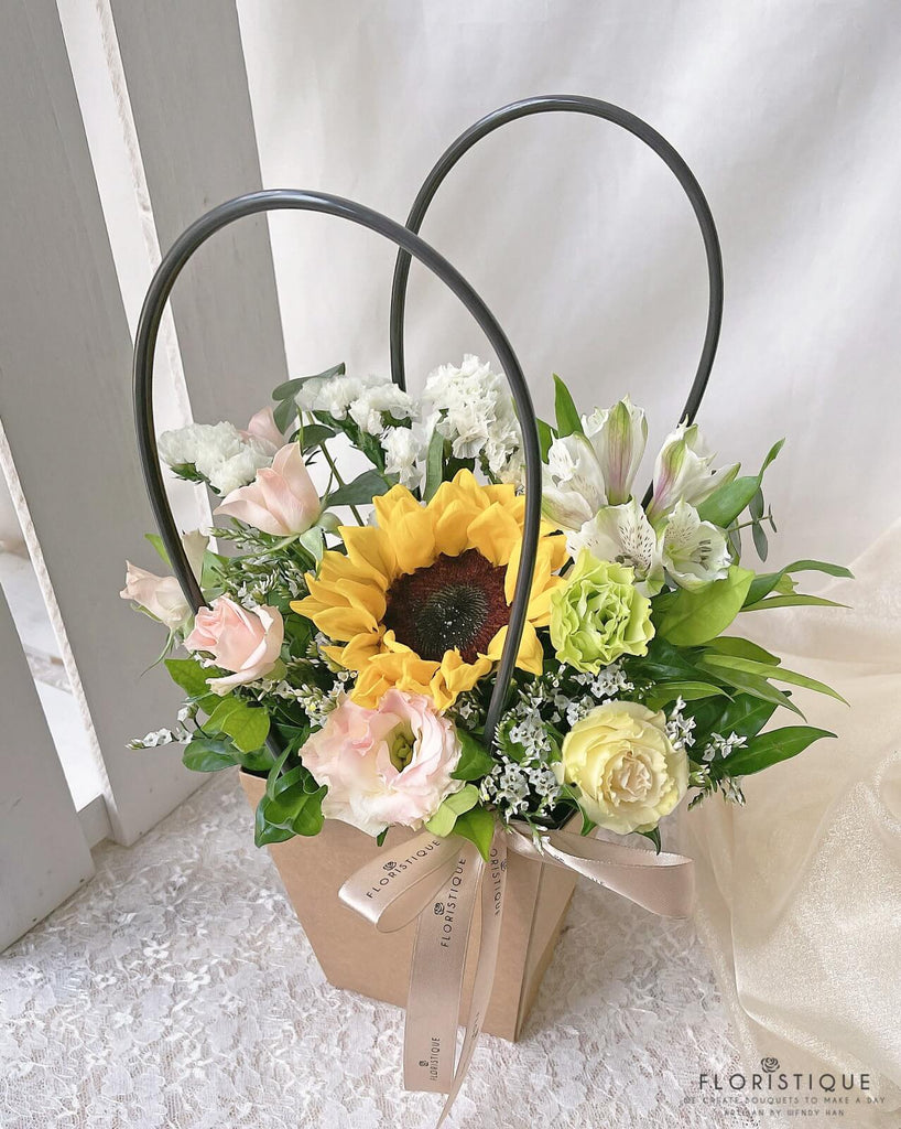 Cuscaden Flower Basket - Sunflower, Eustomas, Matthiola, And Orchid Arranged By Florist In Singapore, Floristique
