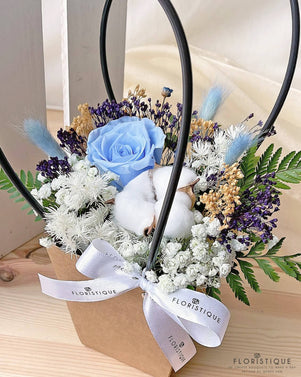 Melanie Flower Basket - Preserved Rose And Gossypium Arranged By Florist In Singapore, Floristique