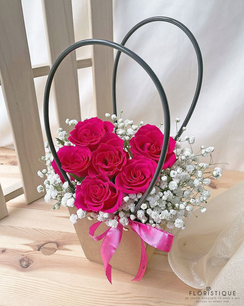 Claudia Flower Basket - Roses And Baby's Breath Arranged By Florist In Singapore, Floristique