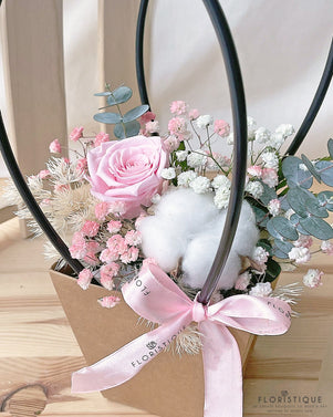 Tabby Flower Basket - Preserved Rose And Gossypium Arranged By Florist In Singapore, Floristique
