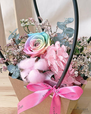 Scarlet Flower Basket - Preserved Rose And Gossypium Arranged By Florist In Singapore, Floristique