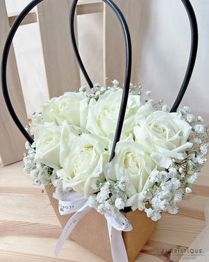 Jane Flower Basket - Roses And Baby's Breath Arranged By Florist In Singapore, Floristique