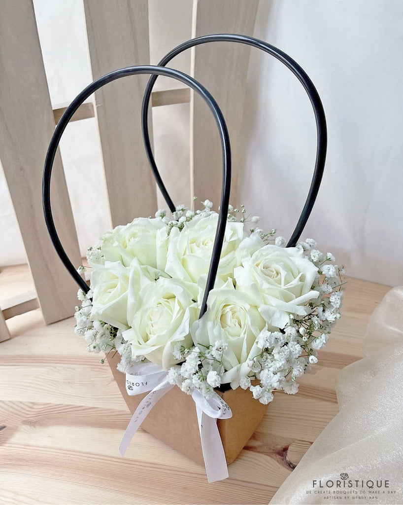 Jane Flower Basket - Roses And Baby's Breath Arranged By Florist In Singapore, Floristique